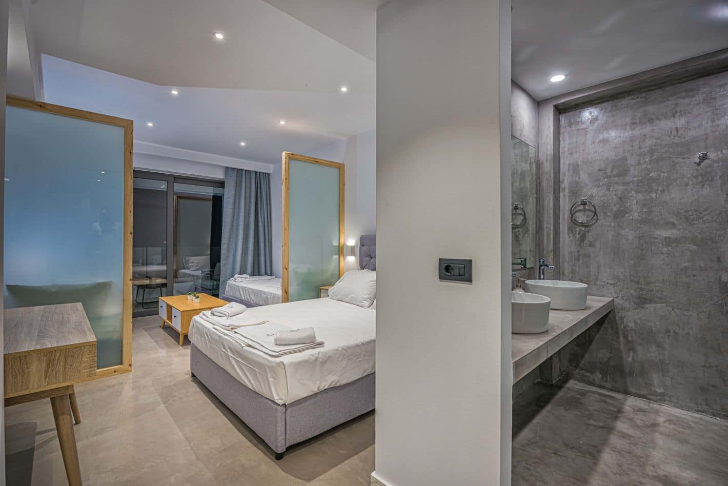 Bedroom and ensuite bathroom layout at Divine Villa Zakynthos